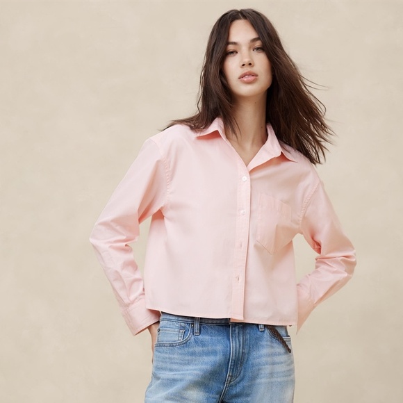 New! BANANA REPUBLIC 100% Cotton Boxy Crop Shirt in Soft Pink, Size Large - Picture 1 of 6